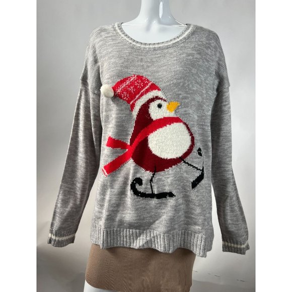 Blizzard Bay Christmas Sweater Blinking Skating Penguin XL Grey Holiday Acrylic - Picture 1 of 16